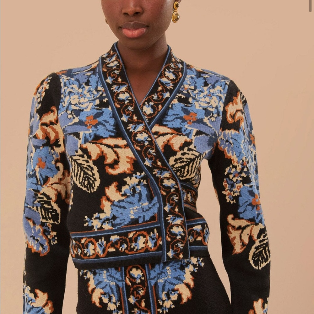 Blue Floral Wrap-Style Women's Sweater